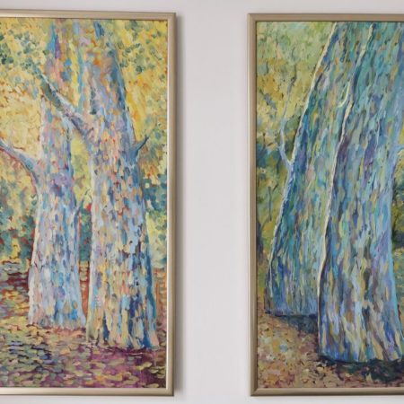 2-er Set. Baum-Akt. Öl auf Leinwand. Jew. 50x100 cm mit Rahmen Two pictures set "The trees". Oil on canvas, each 50×100 cm with frames.