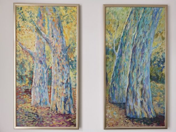 2-er Set. Baum-Akt. Öl auf Leinwand. Jew. 50x100 cm mit Rahmen Two pictures set "The trees". Oil on canvas, each 50×100 cm with frames.